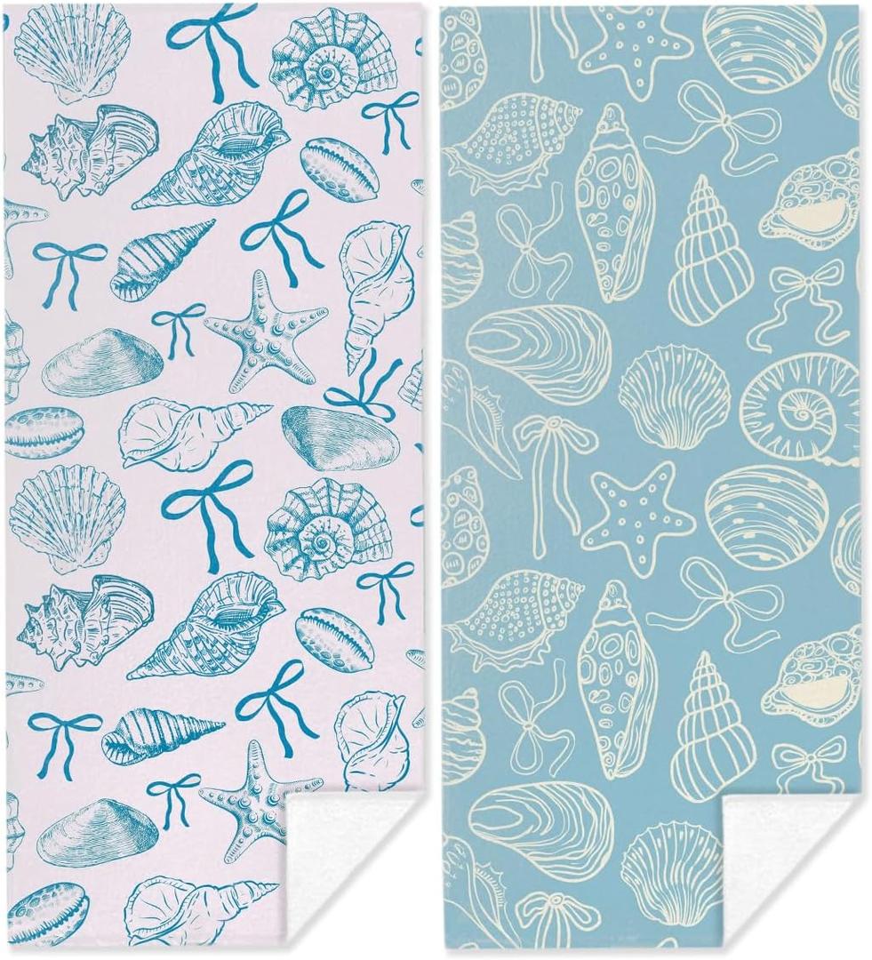 2 Pack Coastal Ocean Starfish Sea Shell Coquette Bow Pattern Beach Towel Microfiber Thin Lightweight Quick Dry Oversized Swim Towels Beach Accessories Necessities for Pool Camping Travel 32x71 inch