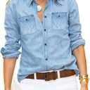 LookbookStore Women's Long Sleeve Collared Shirt Button Down Denim Blouse Tops, Size M