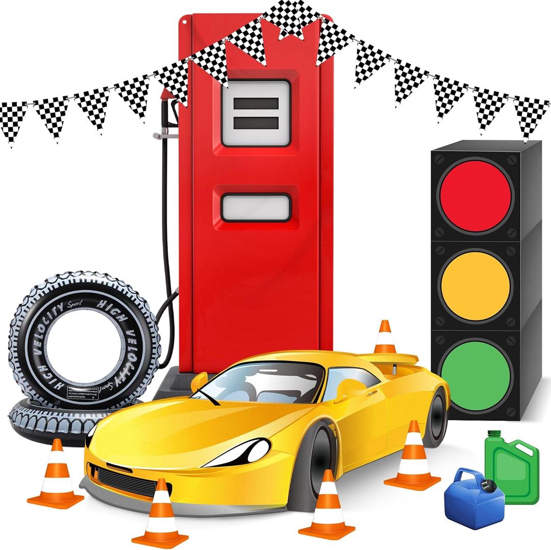 Soulchen 15 Pcs Race Car Birthday Party Decorations 73 Inch Racing Gas Station Backdrop Race Car Cardboard Cutout Checkered Pennant Banner Traffic Light Box Wheel Balloons Photo Booth Prop