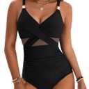 Blooming Jelly Womens One Piece Swimsuit Metal Modest Tummy Control Bathing Suit Slimming Full Coverage Mesh Swim Suits (Large, Black)