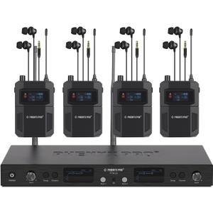 Phenyx Pro in Ear Monitor for Musicians, UHF Wireless in-Ear Monitors System, Mono 2-Channel IEM, Metal Stage Monitor w/ 2x50 Frequencies, 164ft Long Coverage, Rack Mount Kit (PTM-22, 4 Bodypacks)