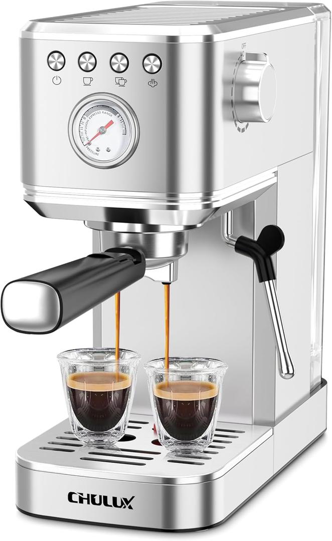CHULUX Slim Espresso Machine with Milk Frother Steam Wand, 20 Bar Professional Italian Pump Semi Automatic Espresso Coffee Machine for Home Cappuccino & Latte Maker (Silver)