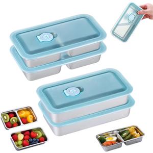 4Pcs 304 Stainless Steel Bento Boxes, 30 oz 2 Compartments Portable Food Storage Containers Snack Boxes with Leakproof Lids, Divided Meal Prep Lunch Box Food Container Dishwasher Safe