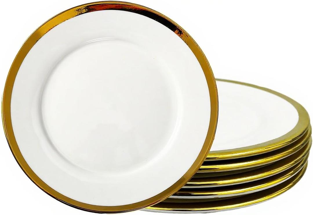 Dinner Plates, Set of 6, 8 inch,White Porcelain with Gold TrimAppetizer Plates,Ceramic Round Dessert Serving Plates for Bread, Salad, Snack and Finger Food,Elegant Ceramic Dinner Plates