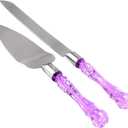 Cake Knife and Server Set, Cake Cutter and Pie Spatula, Cake Server and Knife Set with Acrylic Faux Crystal Handles, Cake Cutting Set for Wedding Cake, Birthdays, and Parties (Purple Silver)