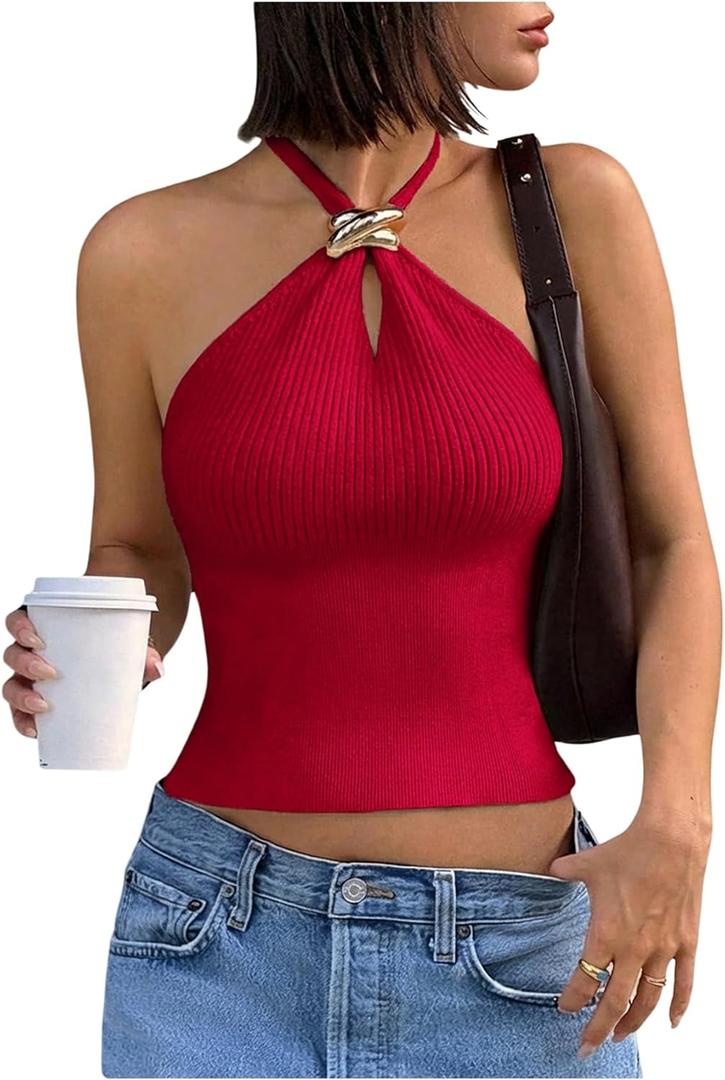 Verdusa Women's Sexy Ribbed Halter Tops Sleeveless Cropped Going Out Tops for Date Night XS