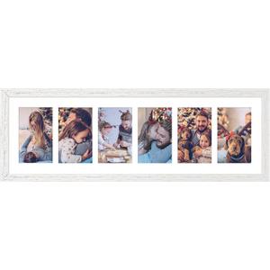 8x26 Collage Frame with 6 Openings 4X6 Pictures, Multiple Picture Frame with Mat, Wall or Tabletop Decor, White Wood Grain (1 Pack)