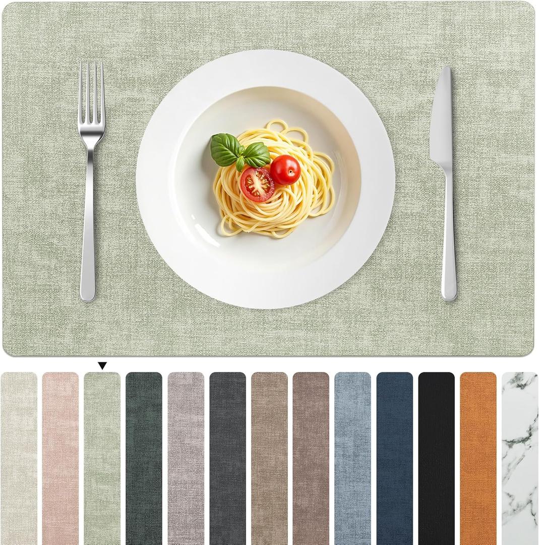FROMHEART Faux Leather Placemats Set of 4Waterproof,Heat/Oil Stain-Resistant PU Table MatReversible,Non-Slip,Easy to Clean Place Mats for Kitchen,Dining,Indoor/Outdoor,(Light Green,11.8" x 17")