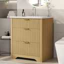 Garvee 24" Fluted Bathroom Vanity with Sink, Farmhouse Freestanding Bathroom Sink Cabinet with 2 Drawers & 1 Flip-Down Drawer, Easy Assembly & Cleaning, Natural Oak