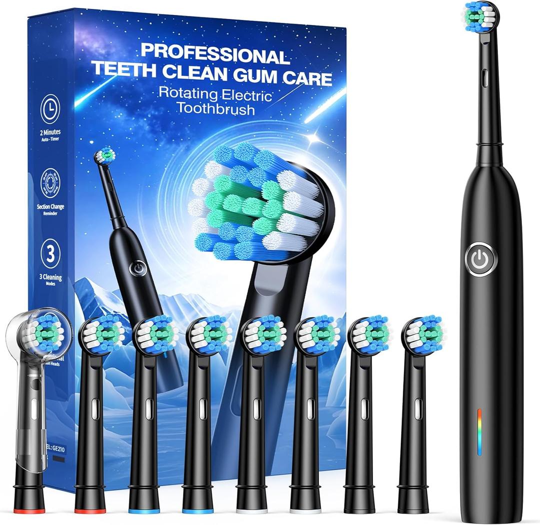 Rotating Electric Toothbrush with 8 Brush Heads for Adults and Kids, 3 Modes Rechargeable Power Toothbrush with 2-Minute Smart Timer, 45-Day Battery Life (Black)