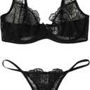 SOLY HUX Women's Embroidery Floral Mesh Sheer Underwire Lingerie Bra and Panty Set Black Floral, Large
