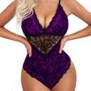 Avidlove Lingerie for Women One Piece Snap Crotch Teddy Bodysuit Contrast Lace Mini Babydoll (Medium, Purple)
