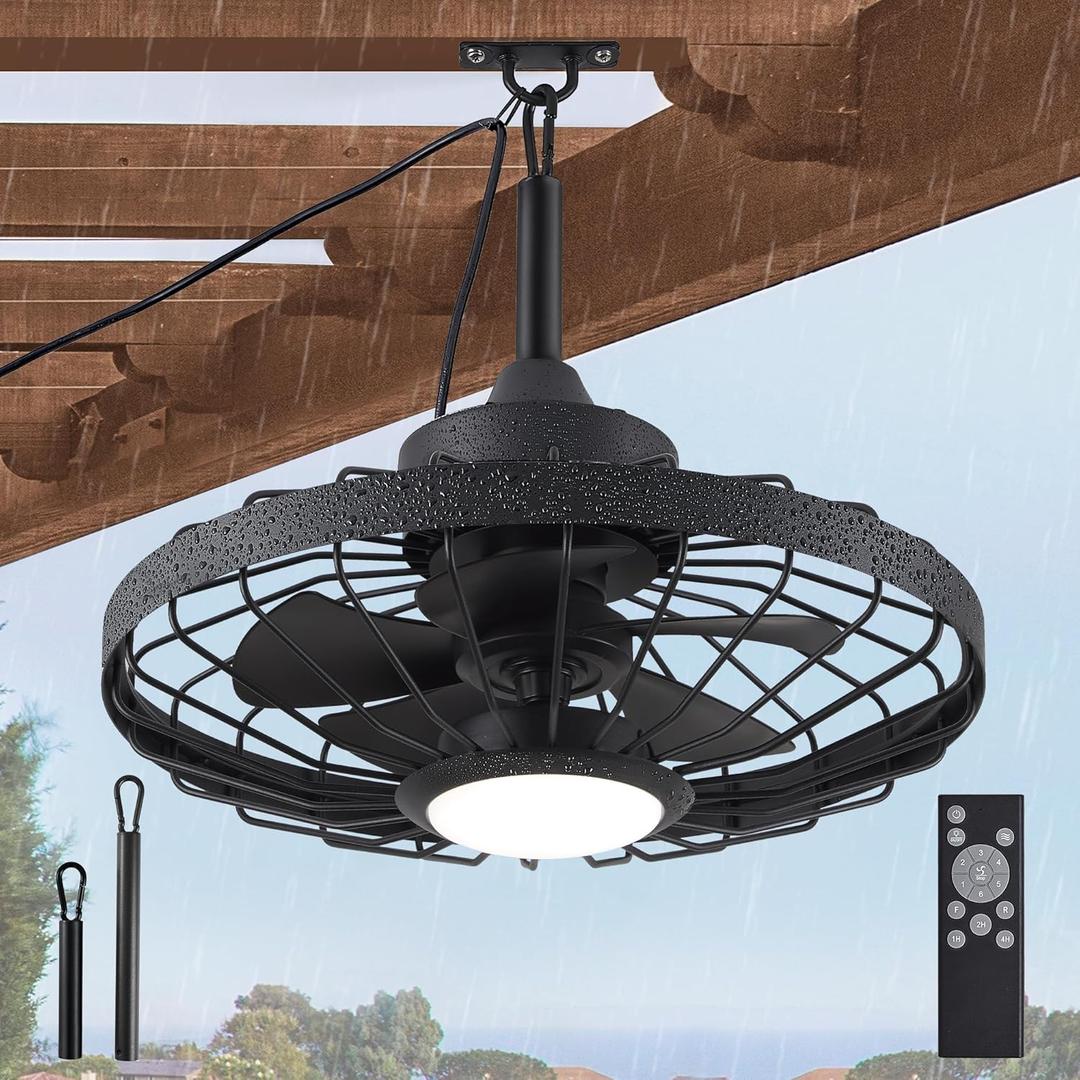 LEDIARY 20" Outdoor Ceiling Fans with Lights and Remote Control, Waterproof Caged Ceiling Fan with 3 Color LED Light,Portable Hanging Gazebo Fan with Plug in Cord Hook for Patios,Black
