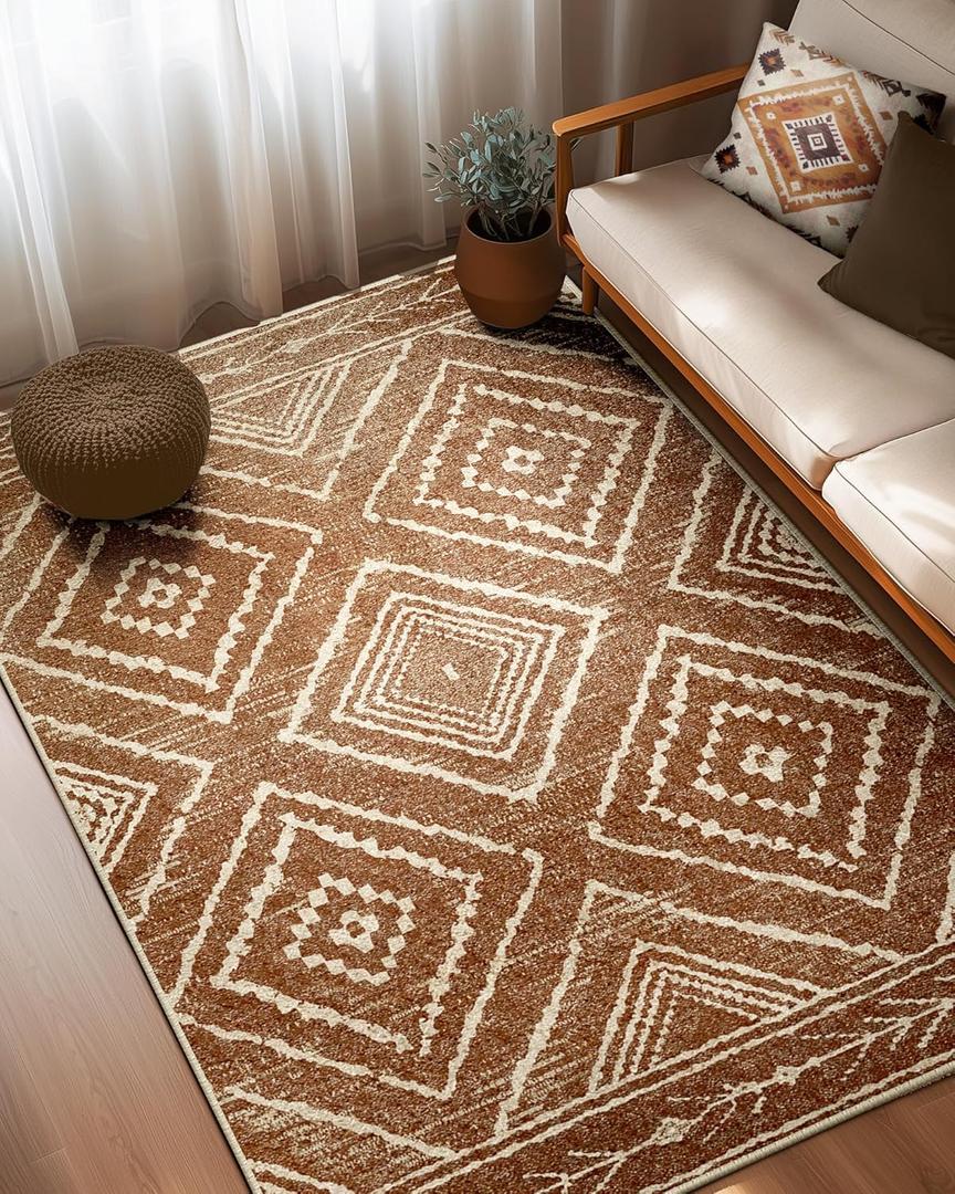 Area Rug 5x7 Rug Machine Washable Non-Slip Low Pile Print Pattern Western Rug for Living Room Bedroom Entryway-Yellowbrown/Cream
