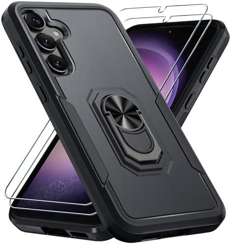 Janmitta Compatible with Samsung Galaxy S23 FE Case with 2 Pcs Screen Protector,Heavy Duty Shockproof Full Body Phone Cover Built in Metal Ring Holder Kickstand,2023 Black Matte