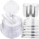 Morejoy 350PCS Clear Silver Plastic Plates - Silver Disposable Plates sets Include 50 Dinner Plates,50 Salad Plates,50 Forks,50 Knives, 50 Spoons50 Cups, 50 Rolled Napkins for Wedding & Christmas