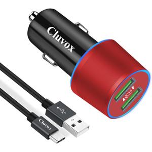 Rapid USB C Car Charger, Compatible for Samsung Galaxy S26/S25 Plus/Ultra/S24/S23/S22/S21/Note 20/S20/S10/S9/A56/A36/A50/A70, Quick Charge 3.0 Dual USB 18W Fast Car Charger+ Type C Cable 3.3ft-Red