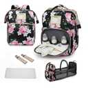 Diaper Bag Backpack Waterproof Baby Bag Large Capacity Multifunction Nappy Bags Floral Insulated Durable Travel Maternity Back Pack with Changing Station for Baby Black