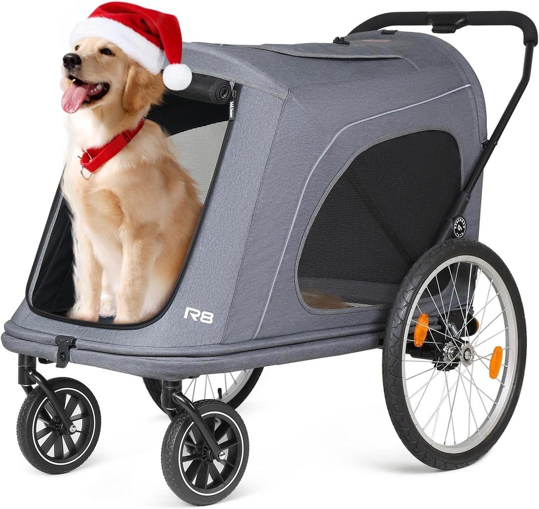 R8 Pro Extra Large Foldable Pet Stroller, Dog Stroller & Pet Trailer for Large Dogs Under 100 lbs, Unmovable, Disabled & Pregnant Dogs - Conveniently Carriable by Bike and Car, Grey