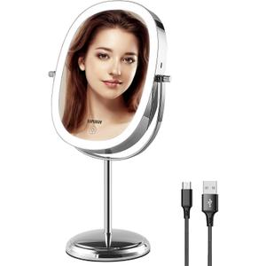 EAPUDUN Lighted Makeup Mirror 9"  2-Sided Tabletop Vanity Mirror with 7X Magnification, 3 Color Lighting Modes, Rechargeable, 360 Rotation, 84 LED Lights (Chrome)