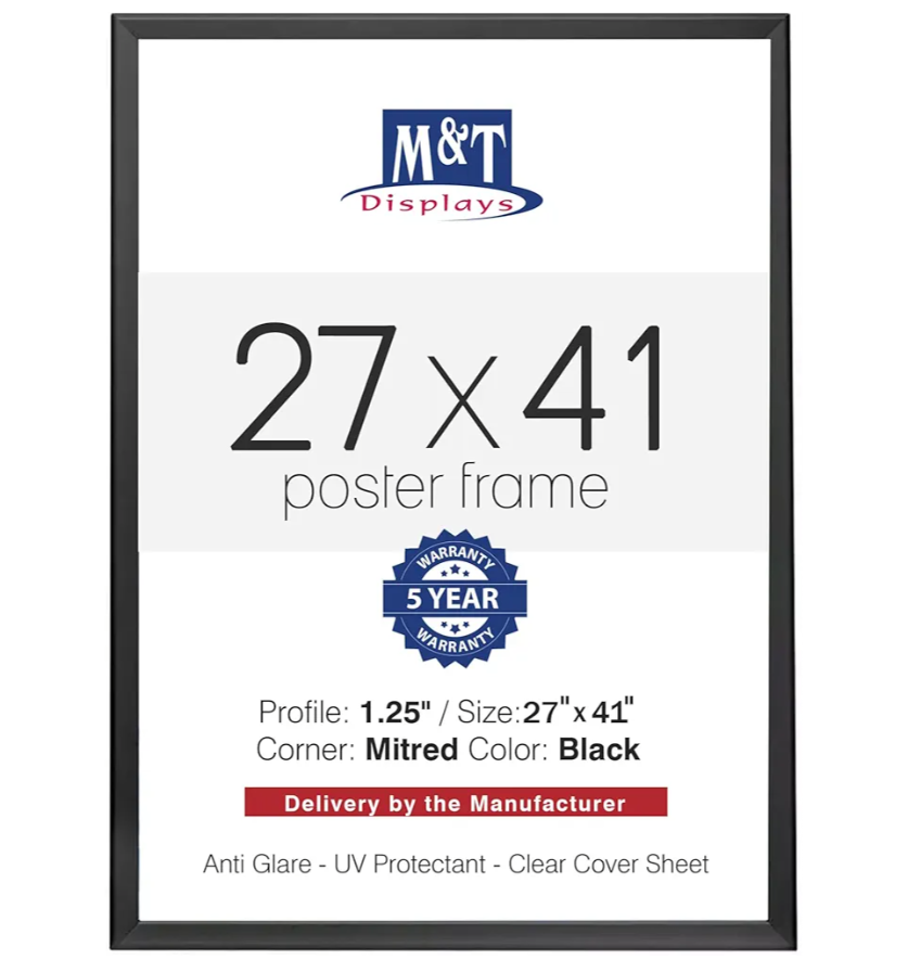 M&T Displays Snap Poster Frame Black 1.25" Aluminum Profile Front Loading Wall Mounting Photo Picture Document Certificate Sign Holder Mitered Corner Anti Glare Cover (Black, 27x41 in)