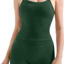 SUUKSESS Women 2 Piece Workout Sets High Waisted Tummy Control Biker Shorts Halter Padded Tank Tops (Small, Dark Green)