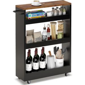 TEAMIX 4 Tier Slim Rolling Storage Cart with Wheels, 24.8D x 7.9W Inches, Height Adjustable, Deeper Utility Cart with Handle Narrow Shelf Organizer for Kitchen Laundry Bathroom Pantry Office (Black)