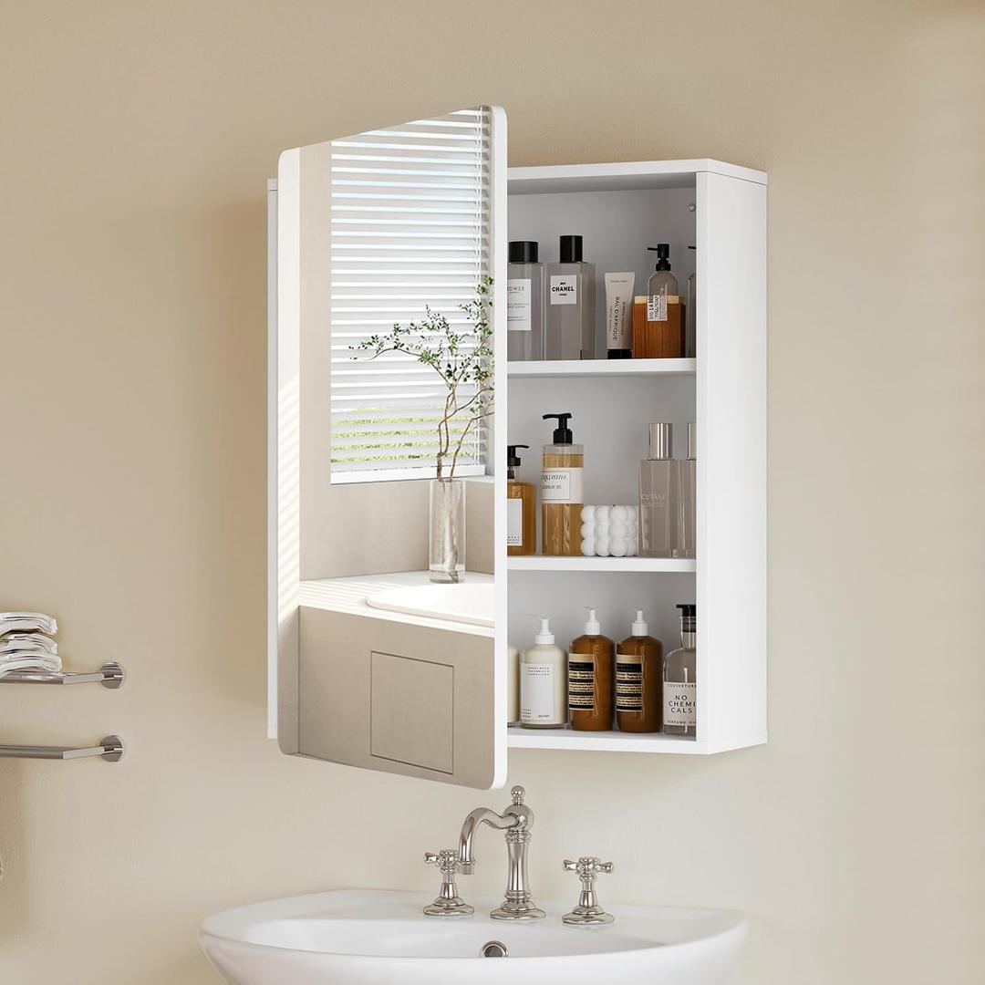 TEENFON Medicine Cabinet Mirror with 2 Adjustable Shelves, Bathroom Mirror with Storage, Recessed or Wall Mount Bathroom Cabinet, White UNGGX004W