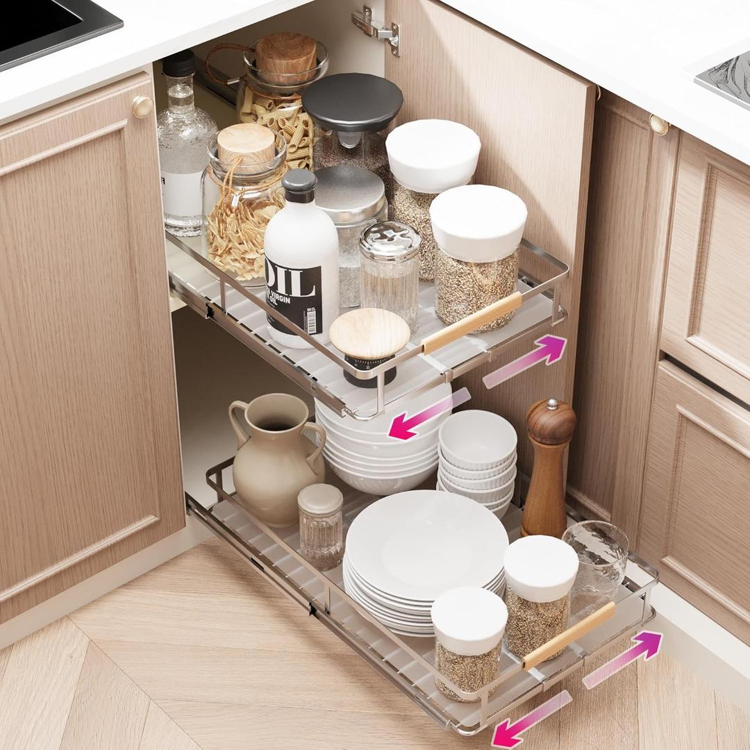 Pull Out Cabinet Organizer, Expandable(10.2"~16.4") Cabinet Drawers Slide Out, Adjustable Width Roll 0ut Shelf Cabinet Organizer for Kitchen Base Cabinet Organization (Small, 1Pack)