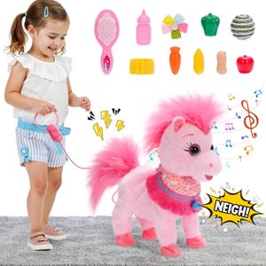 Ylpaprm Pink Walking Pony Set Interactive Talking Singing Dancing Horse Walk Along with Remote Control Leash Plush Pony Pet Toy for Kid, Nod Lick Wag Repeat What You Say, 3+ Girl Boy