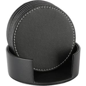 Leather Coasters for Drinks(6 Pack), Handmade Durable Drink Coasters Set with Holder for Tabletop Protection, Luxurious Home Dcor and Housewarming Gift (Black)