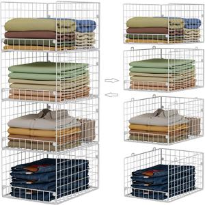 Stackable Closet Organizers and Storage - 4-Tier Stackable Storage Bins, Foldable Closet Shelf Organizer Basket, Clothes Organizers and Storage Shelves for Home Bedroom Closet Organizer System (White)