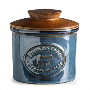 Ceramic Butter Dish with Lid, Butter Crock for Countertop, French Butter Keeper, Farmhouse Cow Pattern, Blue