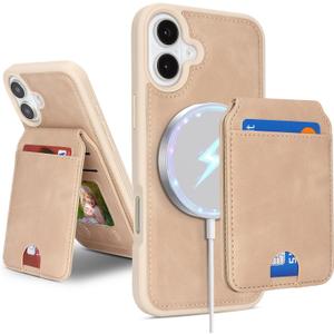 for iPhone 16 Case Compatible MagSafe Wallet with Card Holder - Detachable 2 in 1 Magnetic Stand Cover - Wireless Charging Credit Card Slots for Men Women-Beige