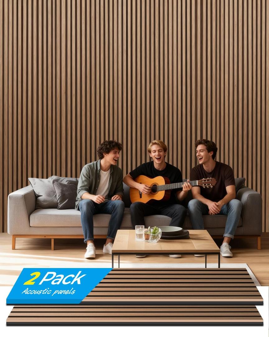 Acoustic Wall Panels, 2 Pcs 48"x11" 3D Wood Slat Soundproof Wall Panel for Interior Decor Noise Reduction for Home Theaters, Living Rooms, Bedroom and Ceiling (Walnut SGE-01)