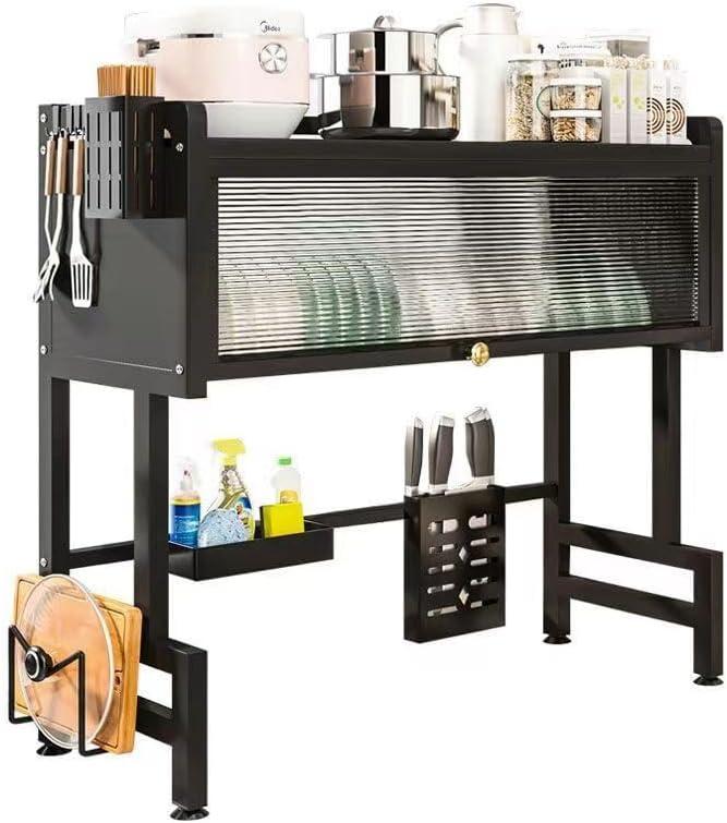 Over The Sink Dish Drying Rack, Over Sink Dish Drain Drying Rack for Kitchen Storage of Dishes and Cutlery, Space Saving Dish Rack with Cover, (Black, 33.5 inch), Large