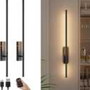 Battery Operated Wall Sconces with Remote Control, 6W 6000mAh Dimmable Wireless Wall Sconces Set of 2, Rechargeable Wall Lights Indoor for Living Room Bedroom Hallway, 32.7inch, 2 Pack,Black