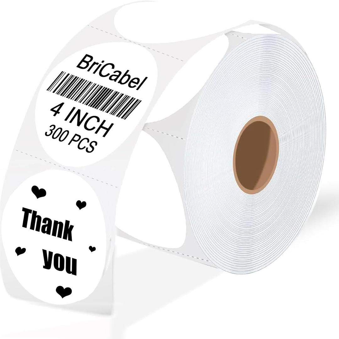 4 Inch Large White Circle Thermal Labels, 300 Labels/Roll,Self-Adhesive Round Inventory Stickers, Multi-Purpose Round Roll Thermal Printing Stickers for Business and Domestic Use