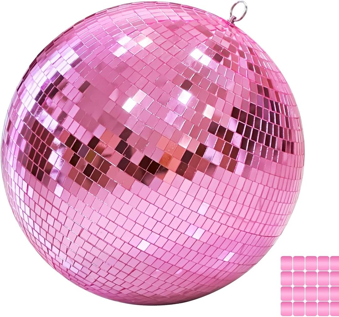 12" Mirror Disco Ball with Hanging Ring, 12 Inch Pink Disco Ball Decor with 20pcs Replacement Mirror for DJ Club, Party, Wedding, Home Decor, Live Stage for Easy Installation, Disco Ball Mirror Ball
