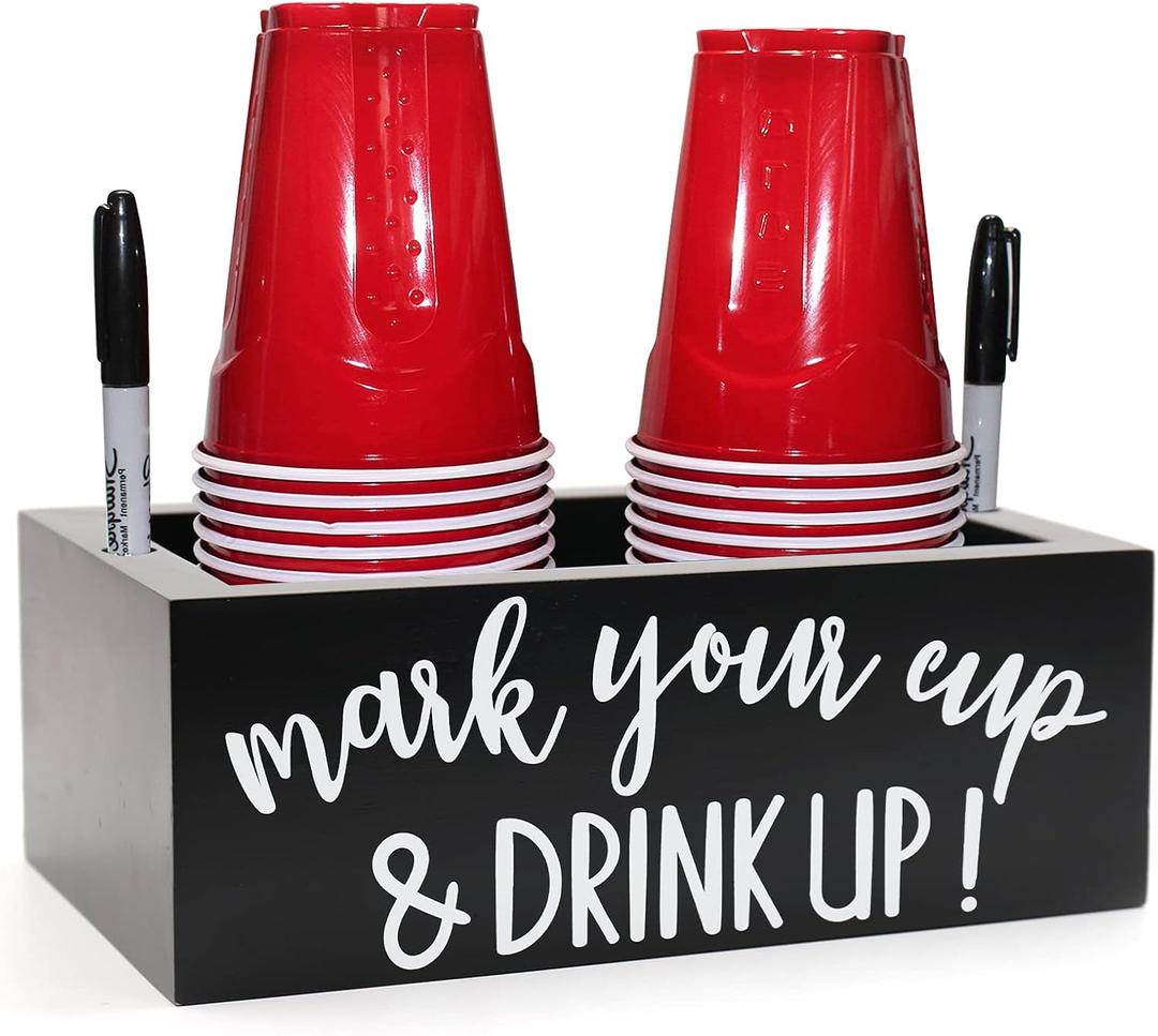 Kitticcino Double Cup Holder Party Cup Dispenser Wooden Cup Organizer Mark Your Cup and Drink Up Caddy Farmhouse Bar Counter Decor Holiday Halloween Christmas Party Supplies (Black)