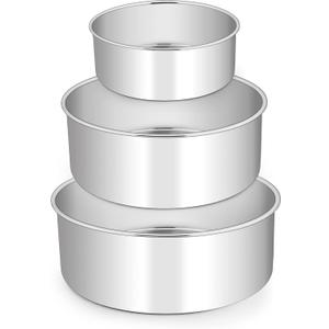 E-far Deep Cake Pan Set Of 3 (6 Inch/8 Inch/9 Inch), Stainless Steel Round Layer Cake Baking Pans, Metal Tier Cake Tins for Wedding Birthday, Leak Proof & Straight Side, Non-toxic & Dishwasher Safe