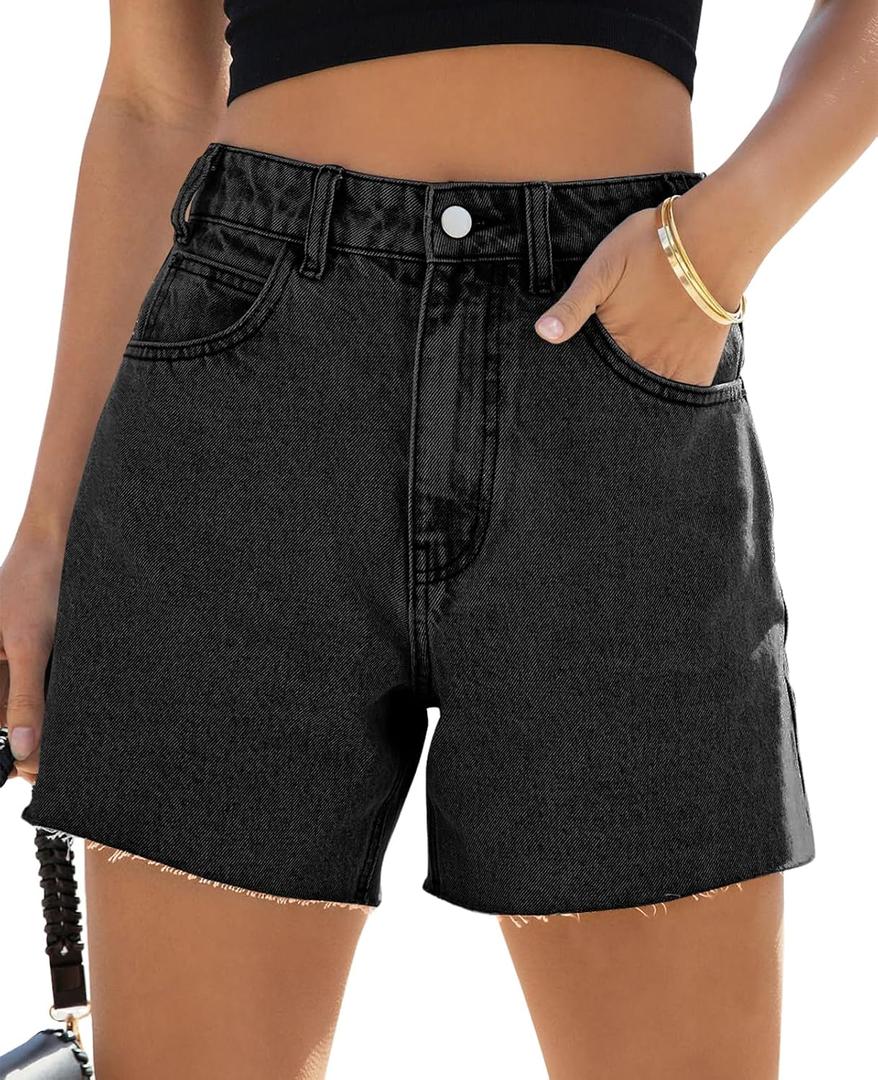 Goranbon Womens High Waisted Jean Shorts Straight Leg Raw Hem Retro Denim Shorts Summer Hot Pants with Pockets (S)