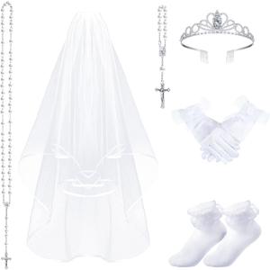 Funtery 6 Pcs Girls First Communion Veils Catholic Set 1st Communion Wreath Veil Headpiece Sock Necklace Bracelet Kid Wedding