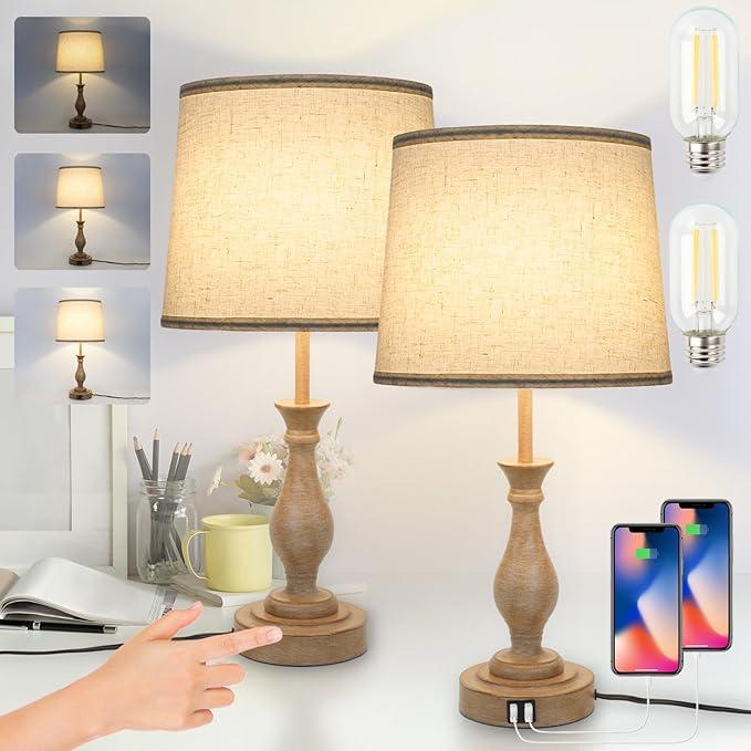 Touch Lamps for Bedrooms Set of 2, Farmhouse Table Lamp with Dual USB Charging Ports, 3 Way Dimmable Nightstand Lamps with Linen Fabric Lampshade for Bedroom (Pack 2-Beige Shade & Antique Brown)