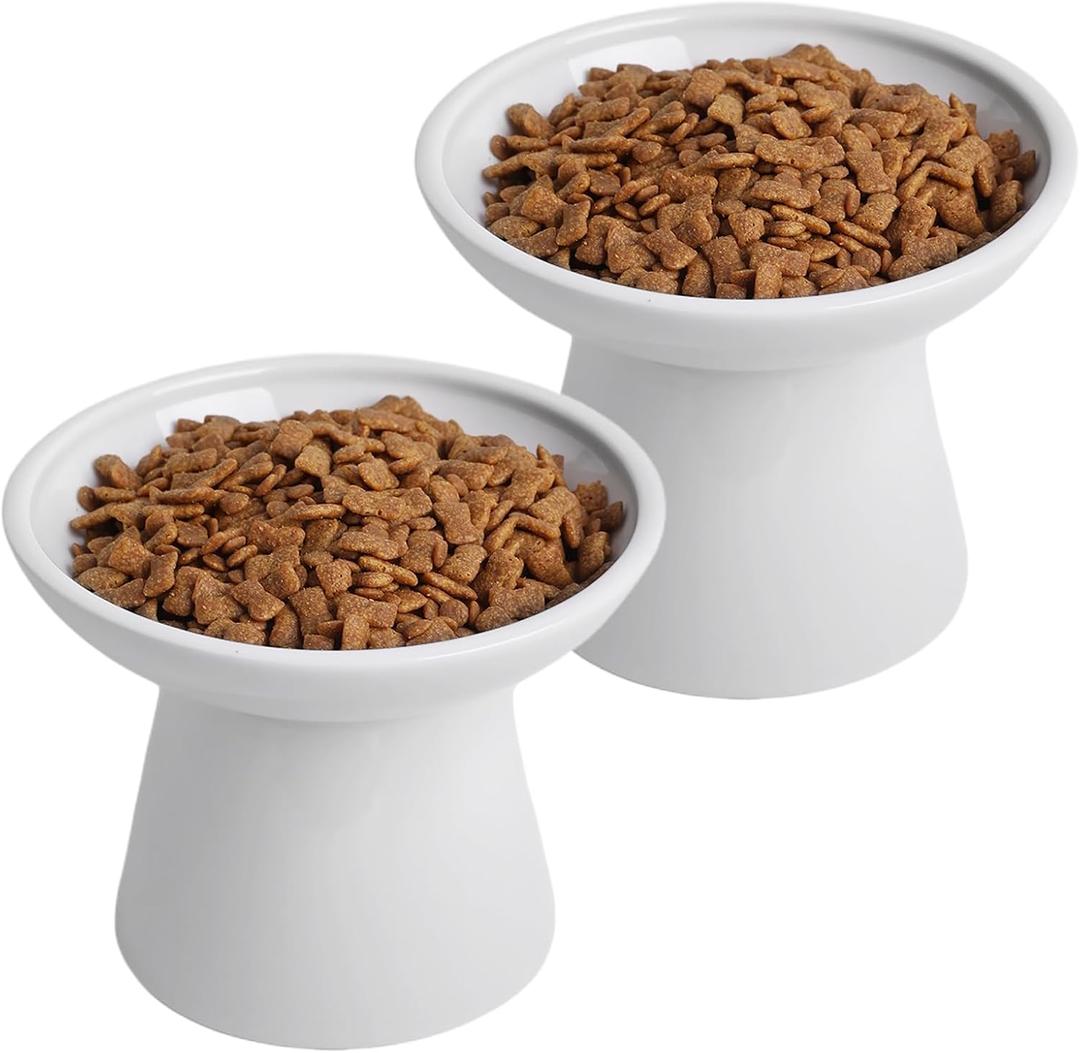 6.2 Inch Extra Wide Elevated Ceramic Cat Bowls, Food and Water Bowl Set for Elder Big Cats Small Dogs, Raised Design for Pet Easy Eating, Protect Cat's Spine Set of 2(White)
