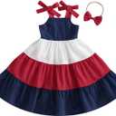 Toddler Little Girls Rainbow Dress Princess Flowy Dresses Ruffle Boho Sundress Fourth 4th of July Outfit (Flowy Navy Blue Red White, 4-5 Years)