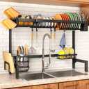 Over The Sink Dish Drying Rack, Adjustable (30" to 41.5") Large Dish Drainer Drying Rack for Kitchen Counter with Multiple Baskets Utensil Sponge Holder Sink Caddy, 2 Tier Black