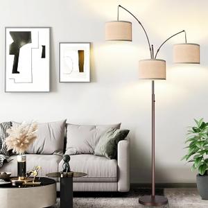 Dimmable Floor Lamp  3 Lights Arc Floor Lamps for Living Room, 1000LM Modern Tall Standing Lamp With Beige Shades & Heavy Base, Mid Century Tree Floor Lamp for Bedroom Office, 3 LED Bulbs Included