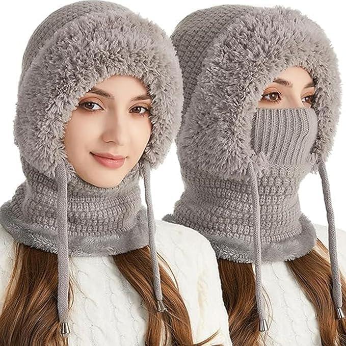 3-in-1 Women's Winter Beanie Hat Set - Fleece-Lined Knit Beanie, Scarf & Mask Combo for Ultimate Warmth & Style - Perfect for Snowy Days Grey