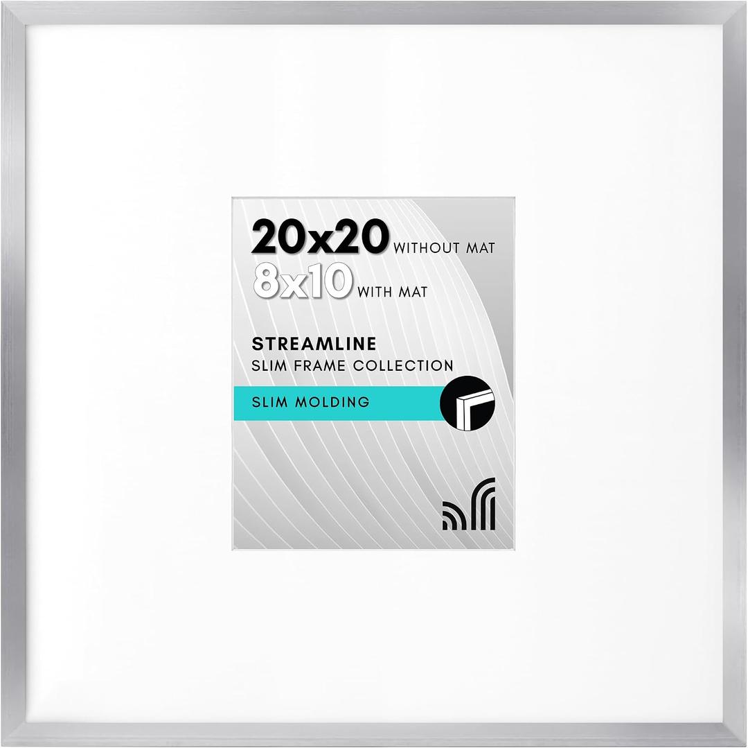 Americanflat 20x20 Picture Frame with Polished Plexiglass - Use as 8x10 Frame with Mat or Display 20x20 Photo Without Mat - Streamline Collection - Thin Border Square Frames for Wall Display - Silver